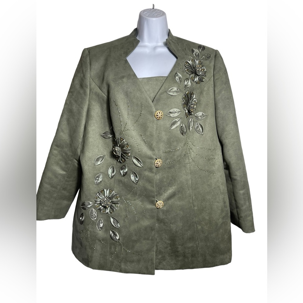 FAITH blazer size 16W olive green faux suede blazer jacket w/ rhinestone buttons